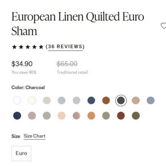 Quince European Linen Quilted Euro Sham Charcoal 5⭐Customer Reviews 26x26 - Picture 2 of 7